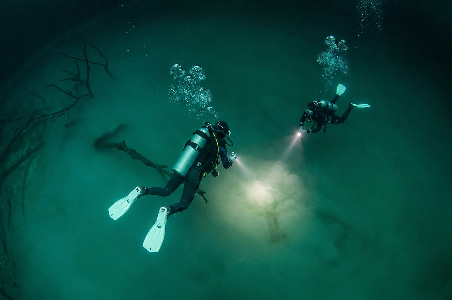 Divers moving near the hydrogen sulfide cloud layer in Cenote Angelita