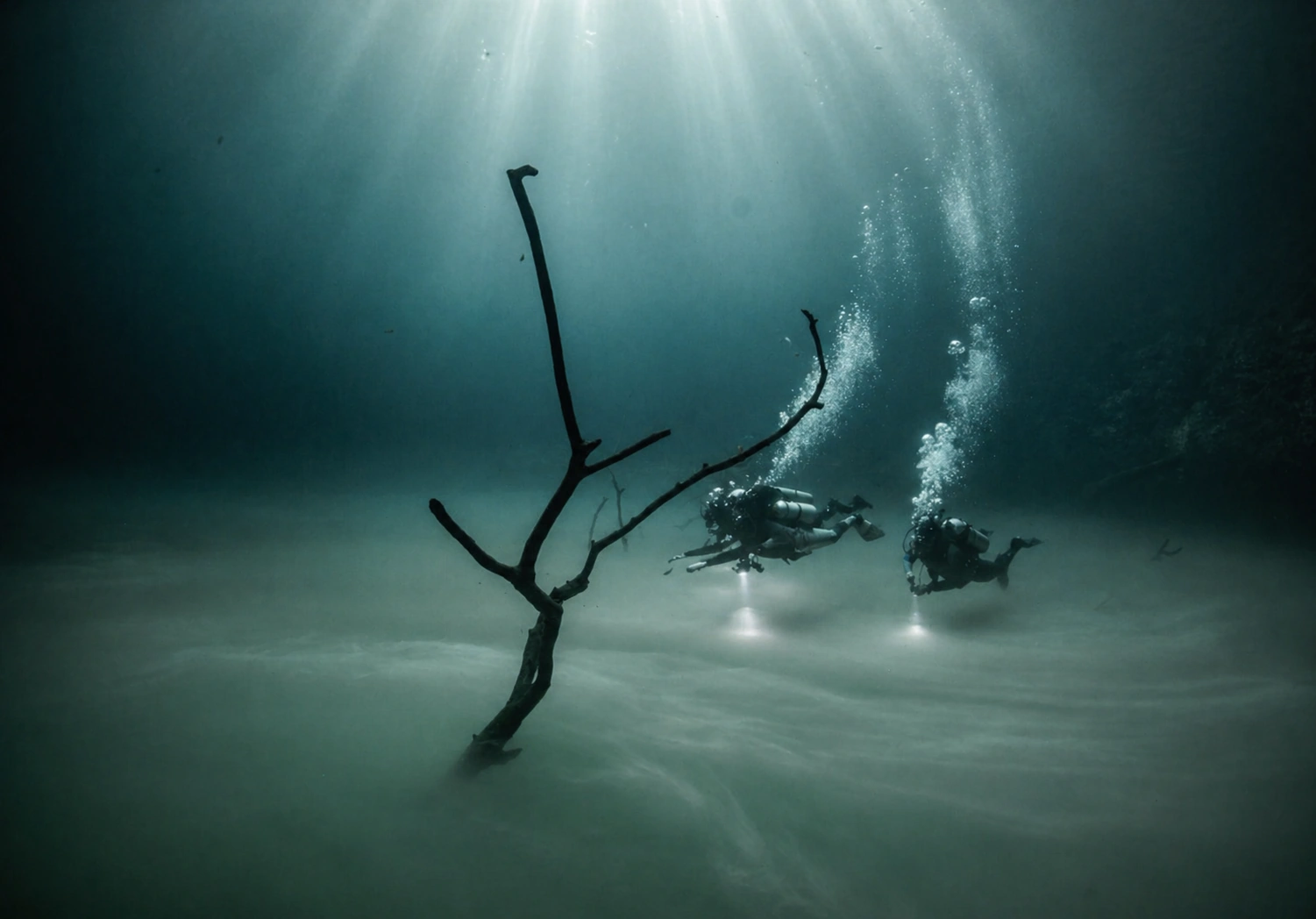 Divers moving through the underwater cloud and tree branches in Cenote Angelita