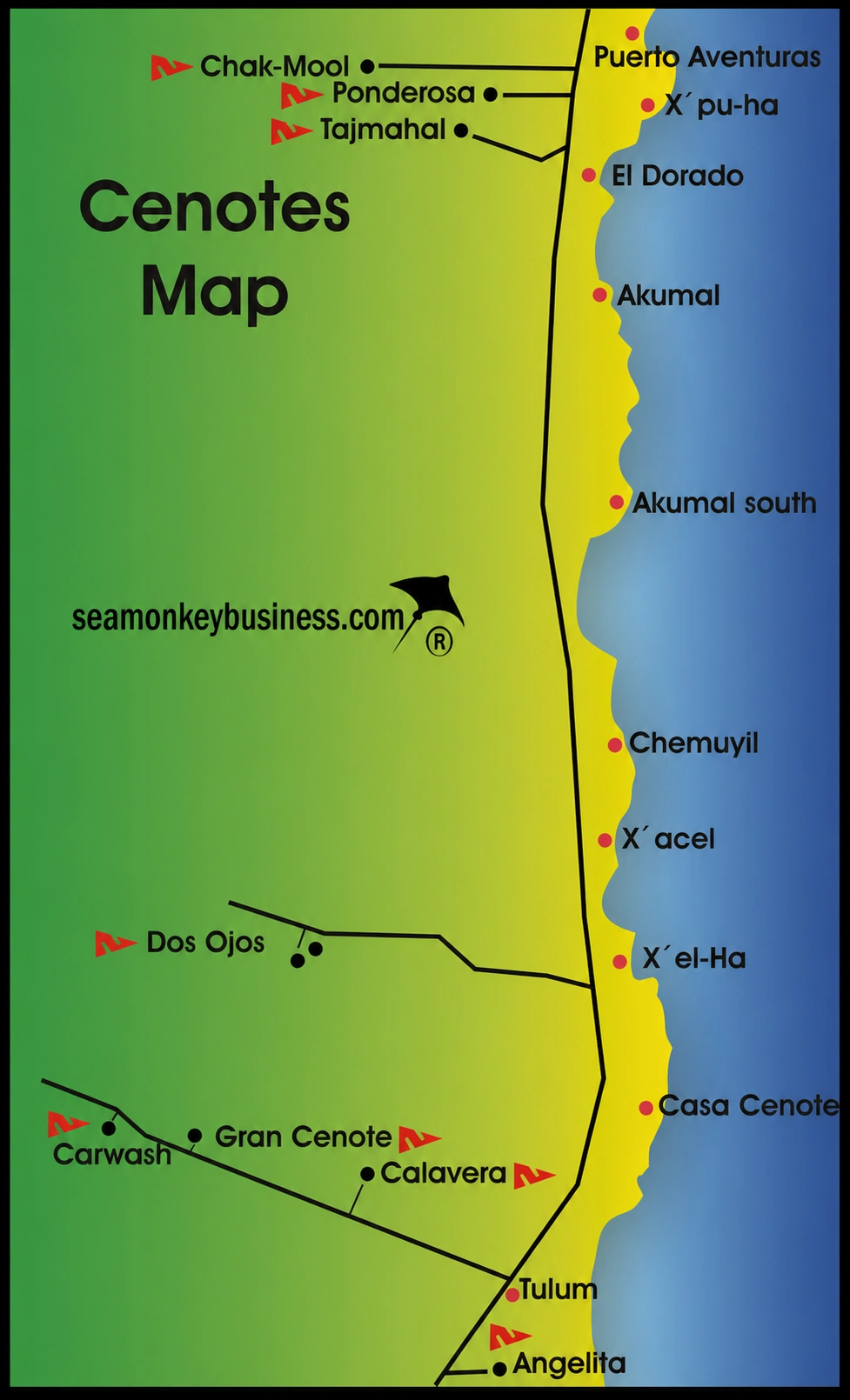 Mapa regional de cenotes de la Riviera Maya con Tulum y Angelita